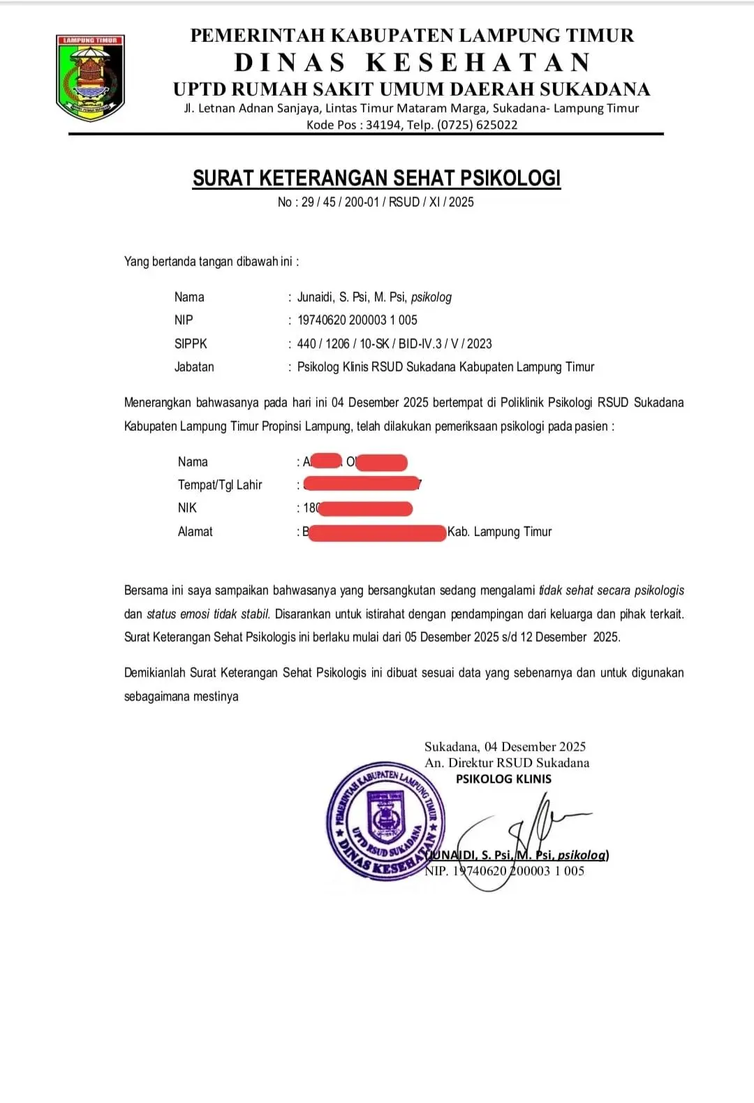 Laporan Hasil Asesmen Psikolog, Konselor UPTD PPPA Lamtim, Irma Sudah Seminggu